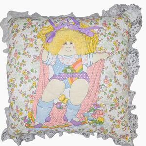80s Cabbage Patch Kids Lace‎ Trim Throw Pillow Handmade Floral Rainbow Cottage